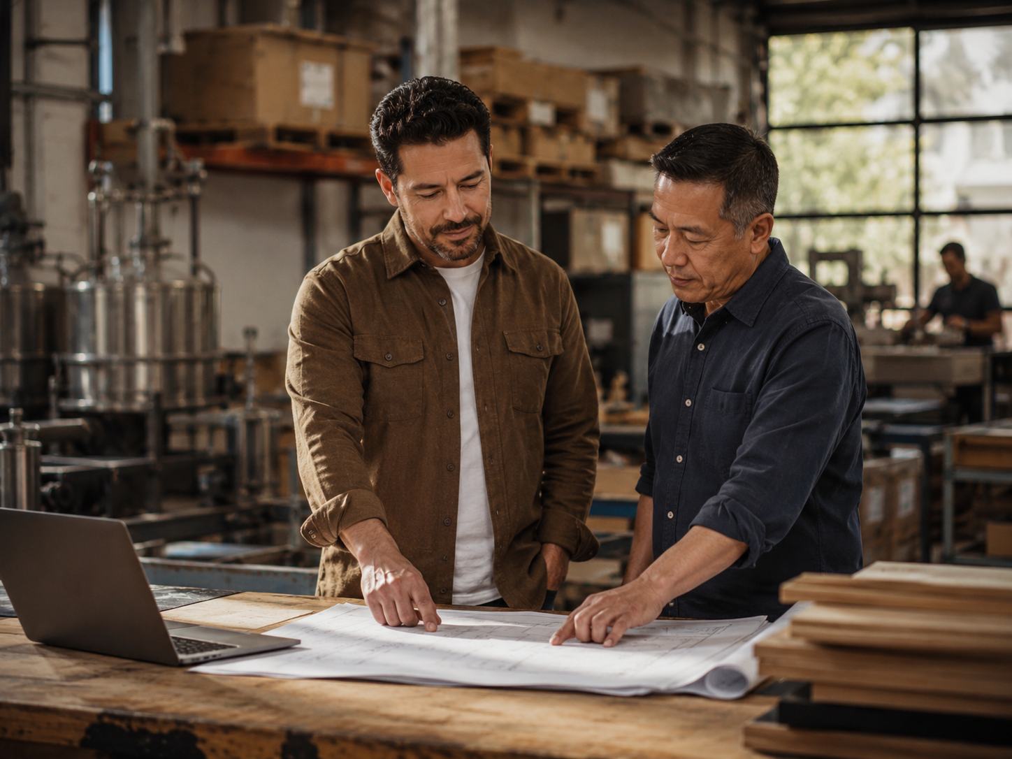 Owner and operations manager reviewing plans on a shop floor